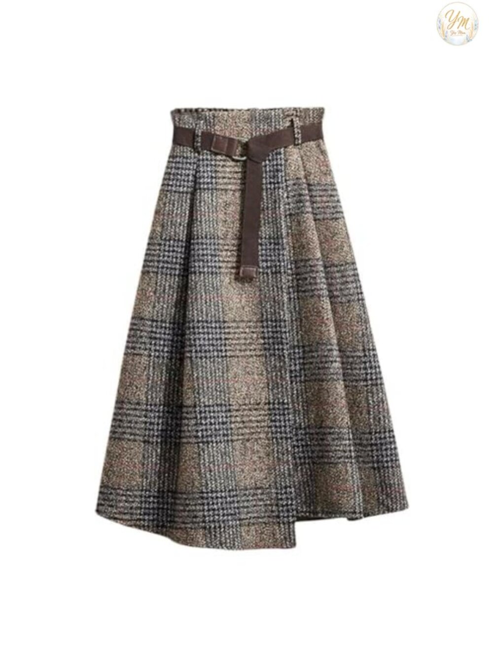 Wool Blend Midi Skirt Houndstooth A-Line with Belt